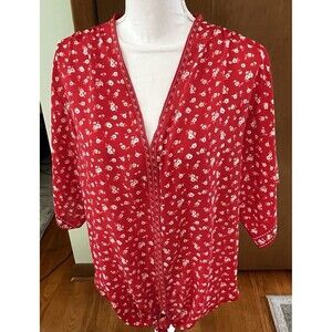 Max Studio Red Floral  Blouse 3/4 Sleeve Crepe Front Tie Women's Size Large L